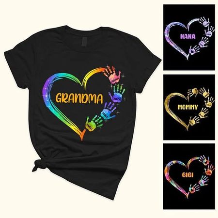 Personalized Colorful Heart Hand Print 100% Cotton T-Shirt Hoodie with Title and Kid Names
